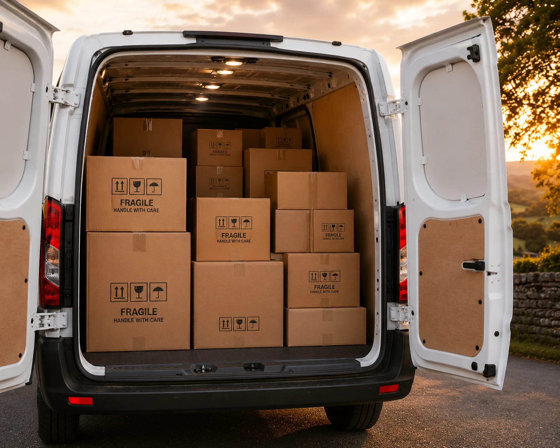 E's Man and Van — van loaded with boxes ready for a careful house move across Greater Manchester